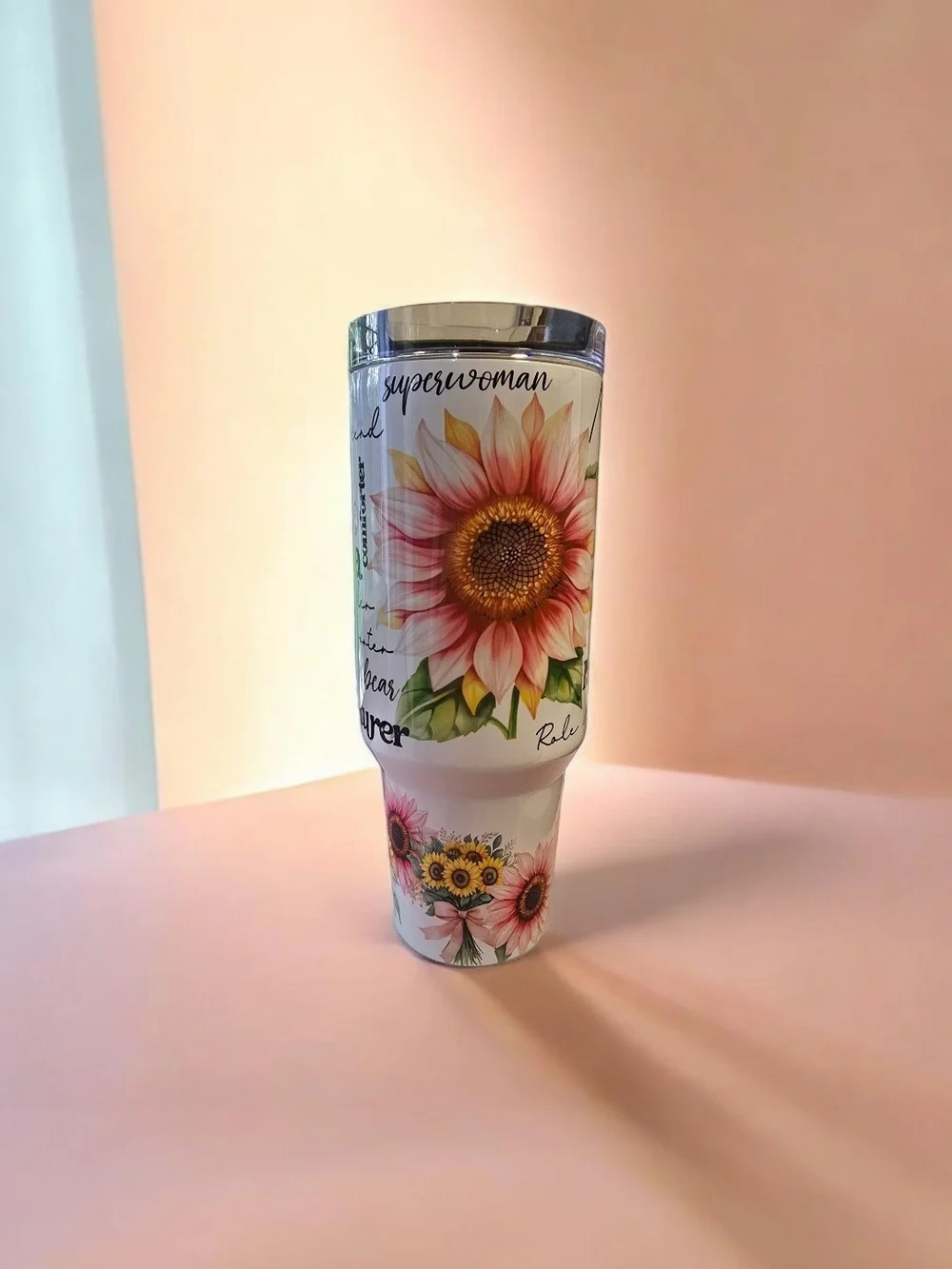 Insulated White Floral 'Mom' Travel 40 Oz Tumbler with Handle